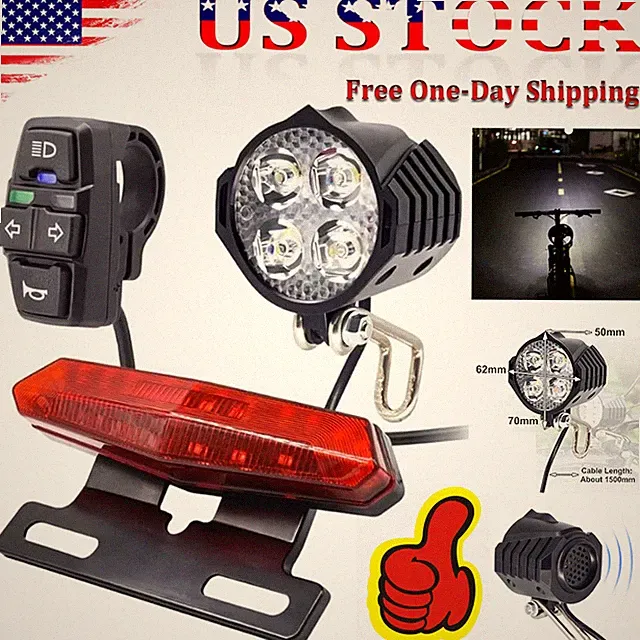Ebike Light Kit Electric Bike Headlight w/ Horn, Ebike Tail Light w/ Turn Signal