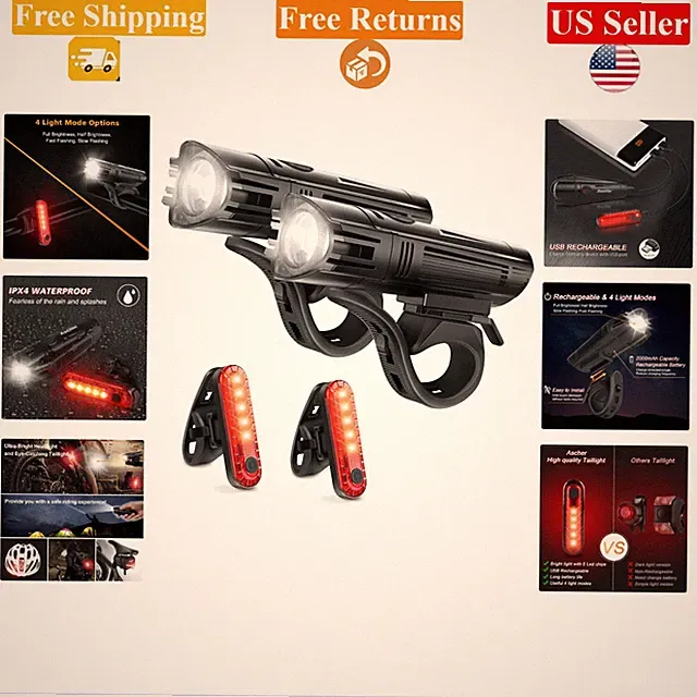 Ultra Bright USB Rechargeable Bike Light Set for Men Women Kids Black